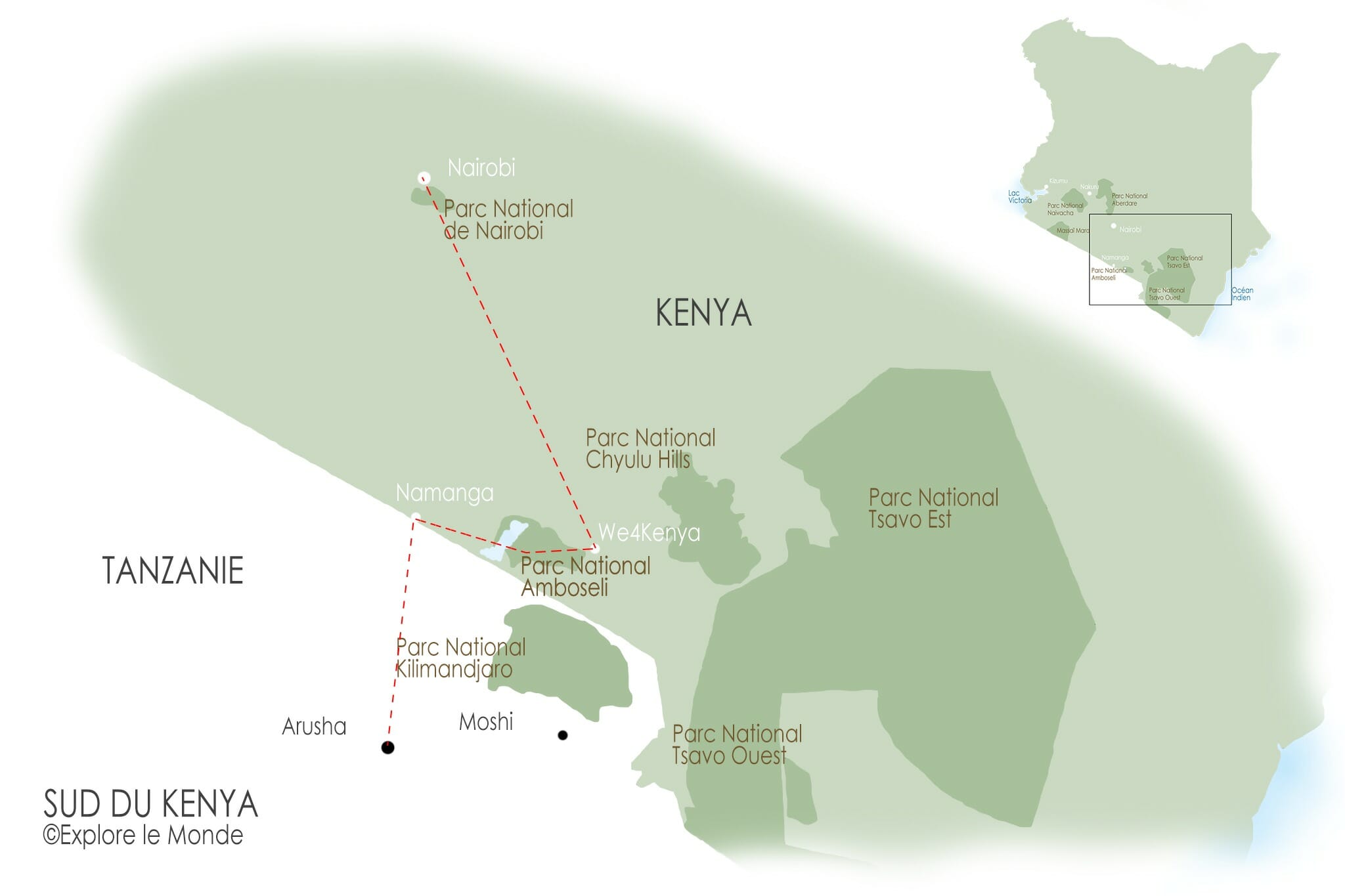 Carte pour un itinéraire de 3 jours dans le sud du Kenya