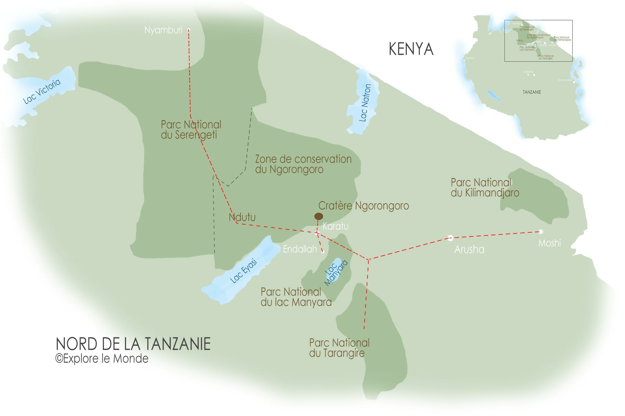 Carte pour une itinéraire de 2 semaines dans le nord de la Tanzanie